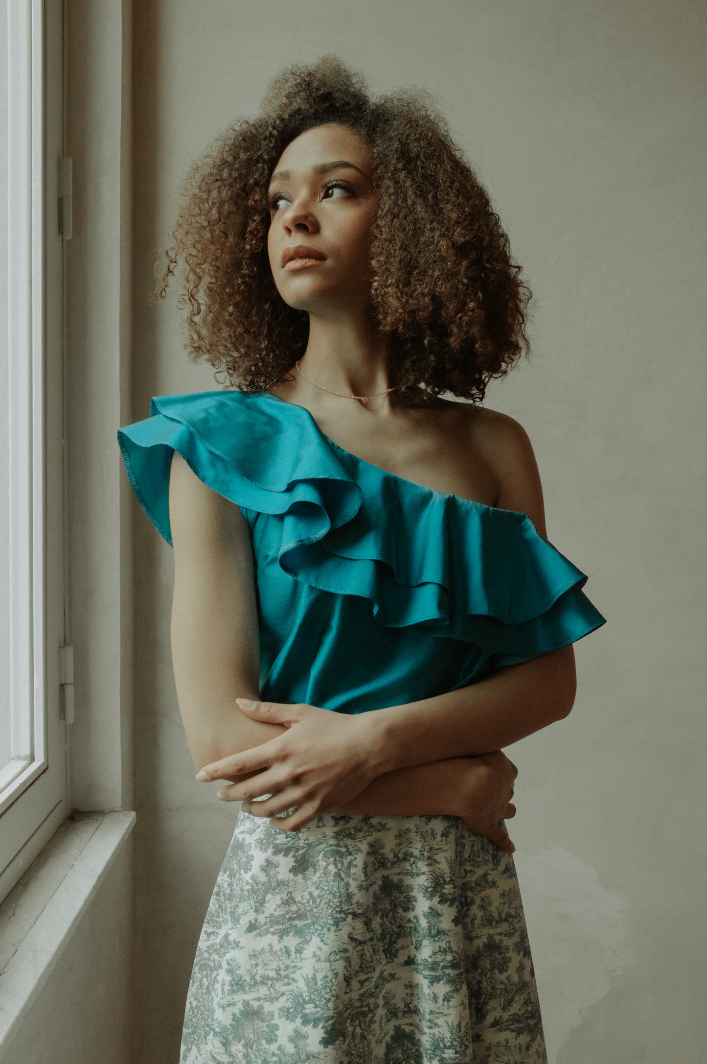 One Shoulder Silk Top with Double Ruffle - Ottanio