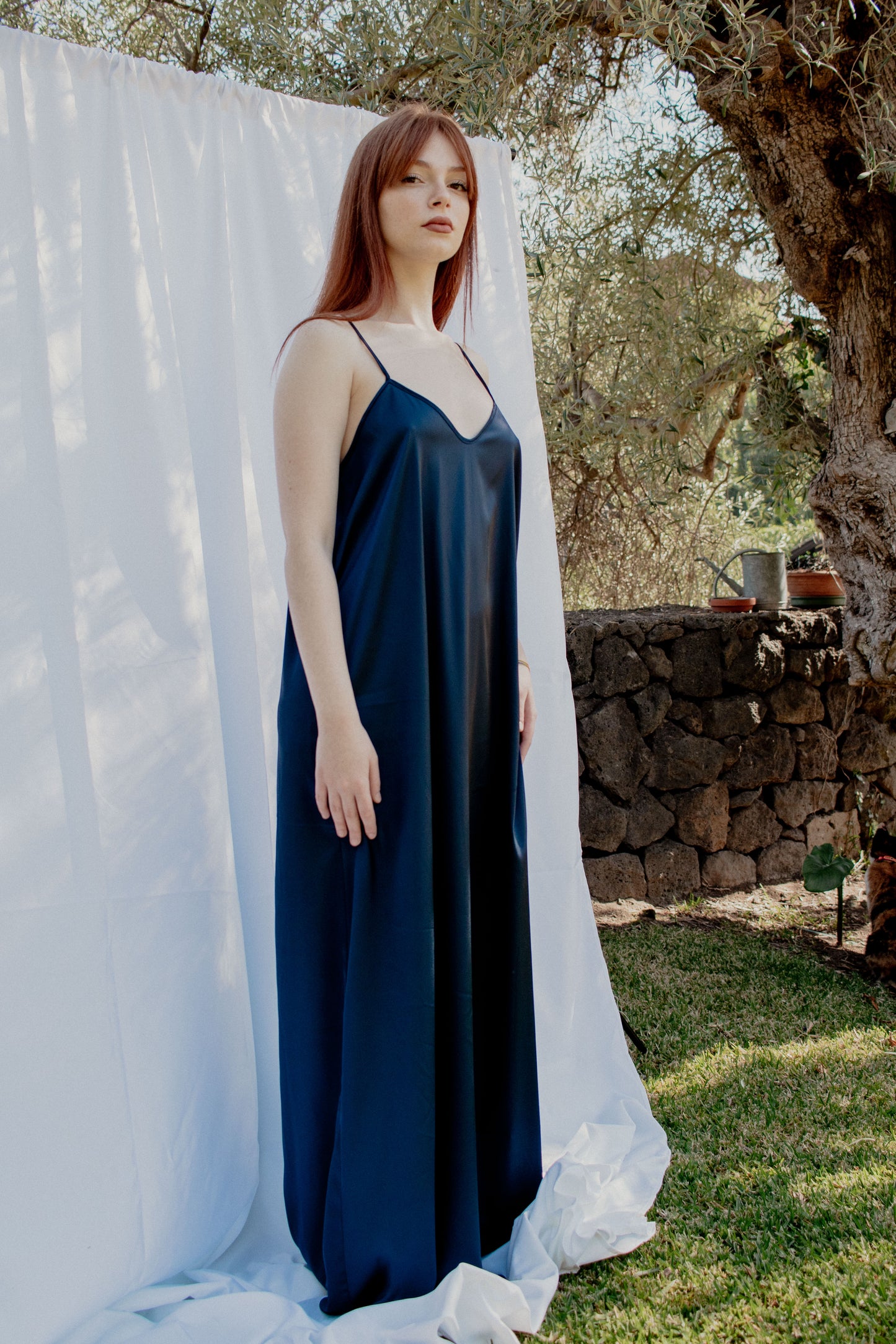Vestido con camisa de raso - AZUL MEDIANOCHE