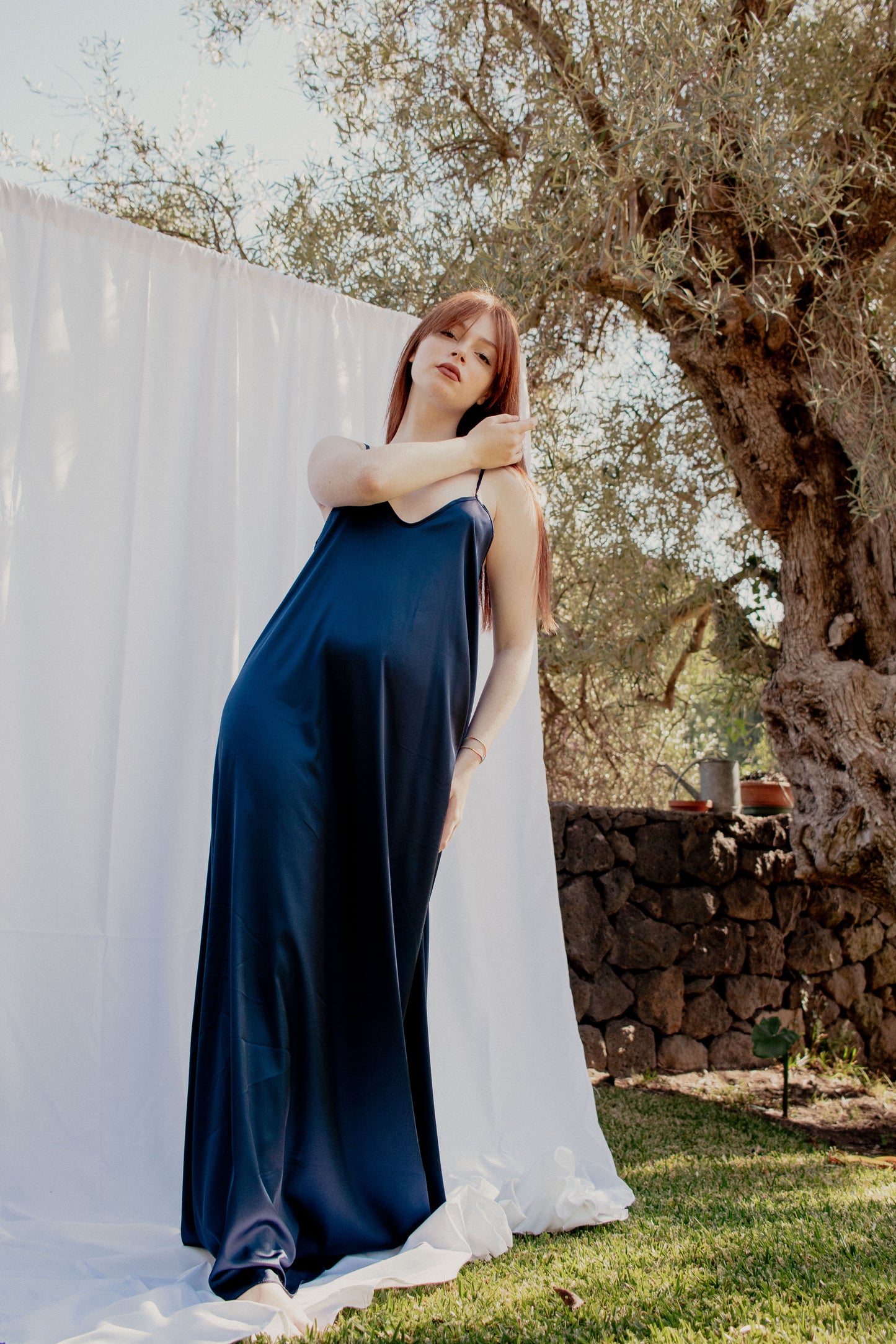 Vestido con camisa de raso - AZUL MEDIANOCHE