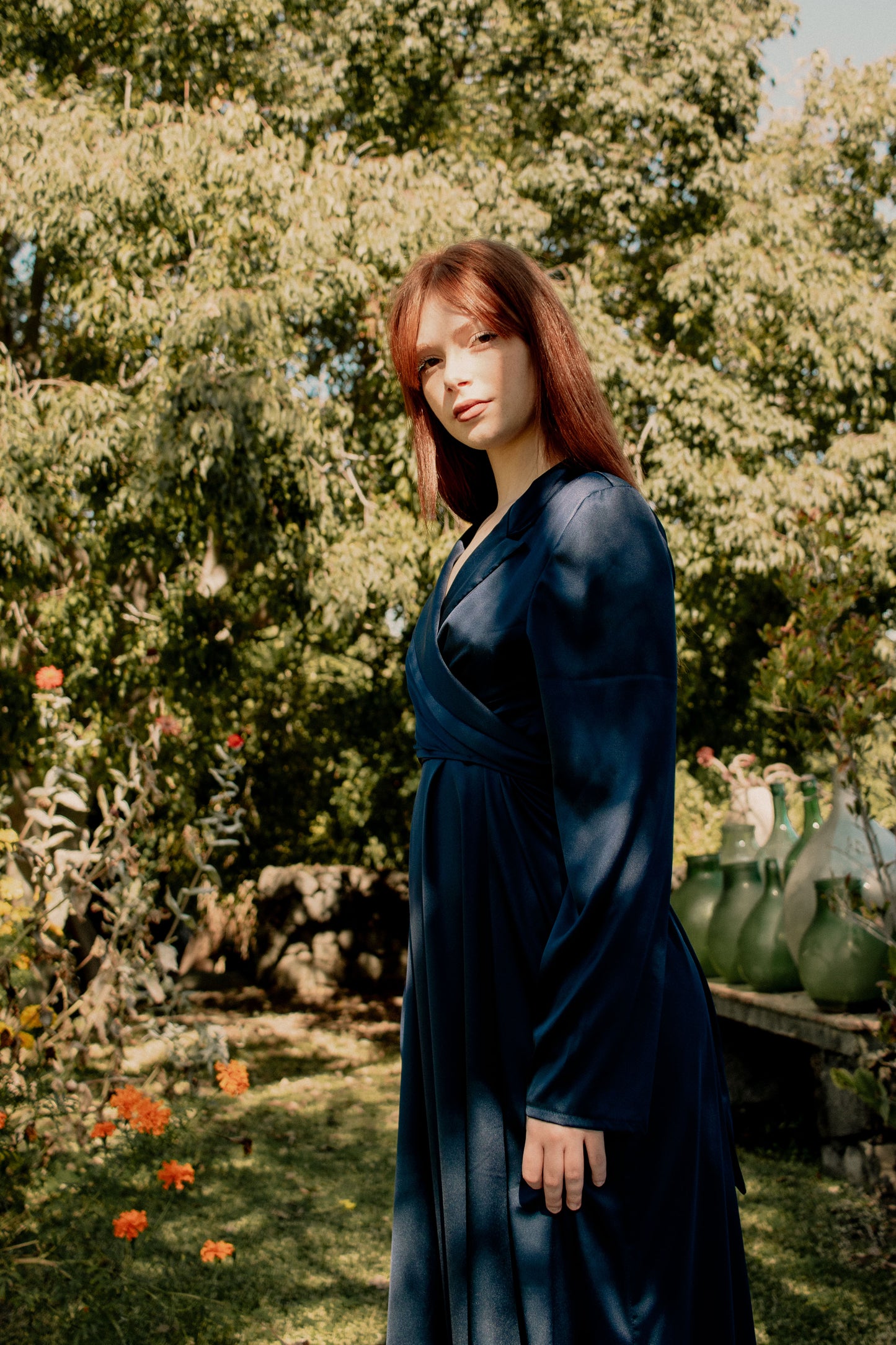 Vestido con camisa de raso - AZUL MEDIANOCHE