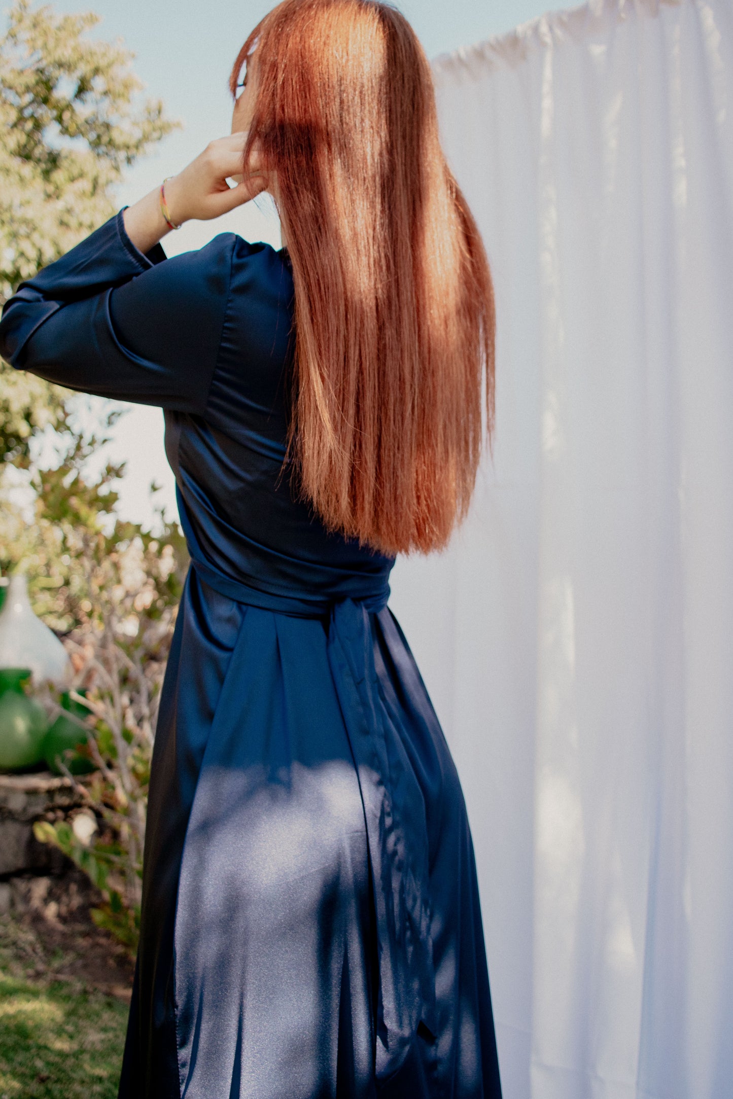 Vestido con camisa de raso - AZUL MEDIANOCHE