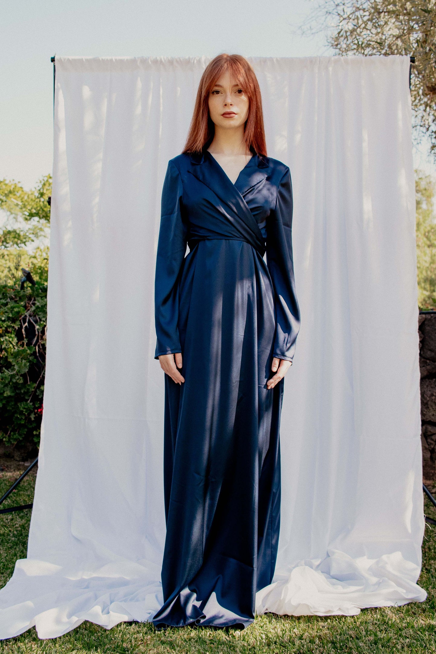 Vestido con camisa de raso - AZUL MEDIANOCHE