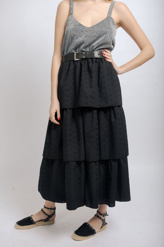 St. Gallen Midi Skirt with Ruffles - BLACK