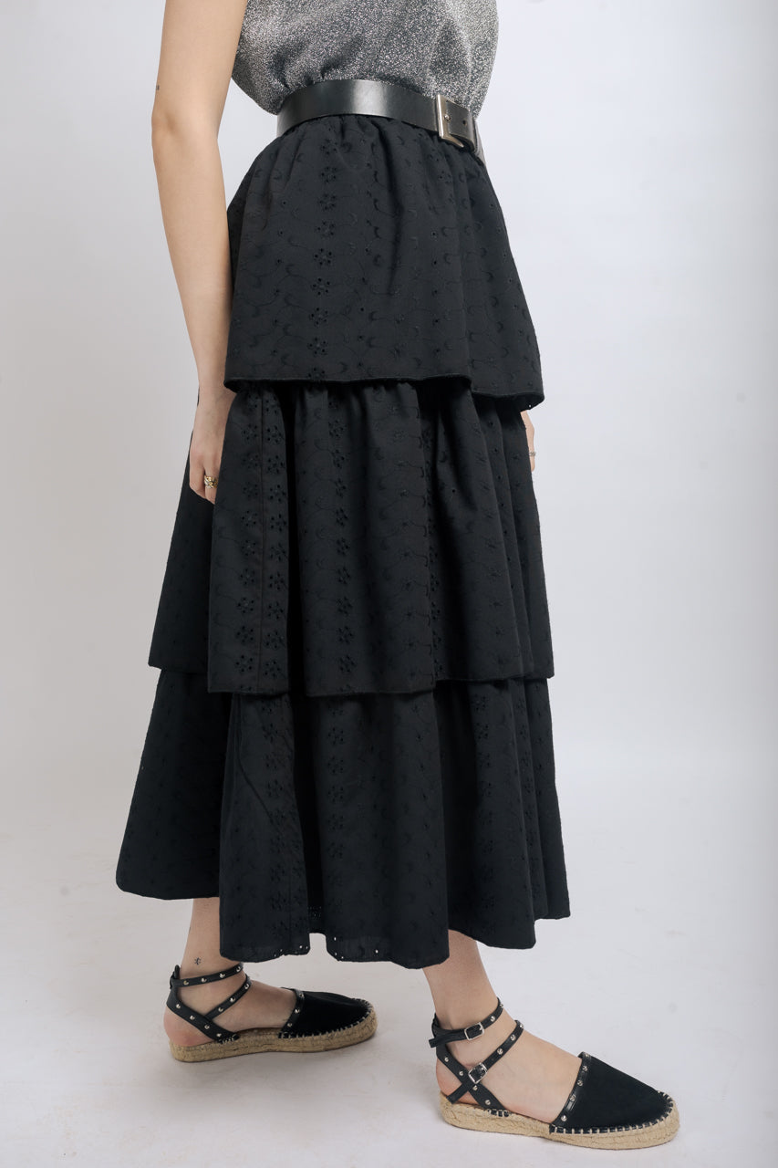 St. Gallen Midi Skirt with Ruffles - BLACK