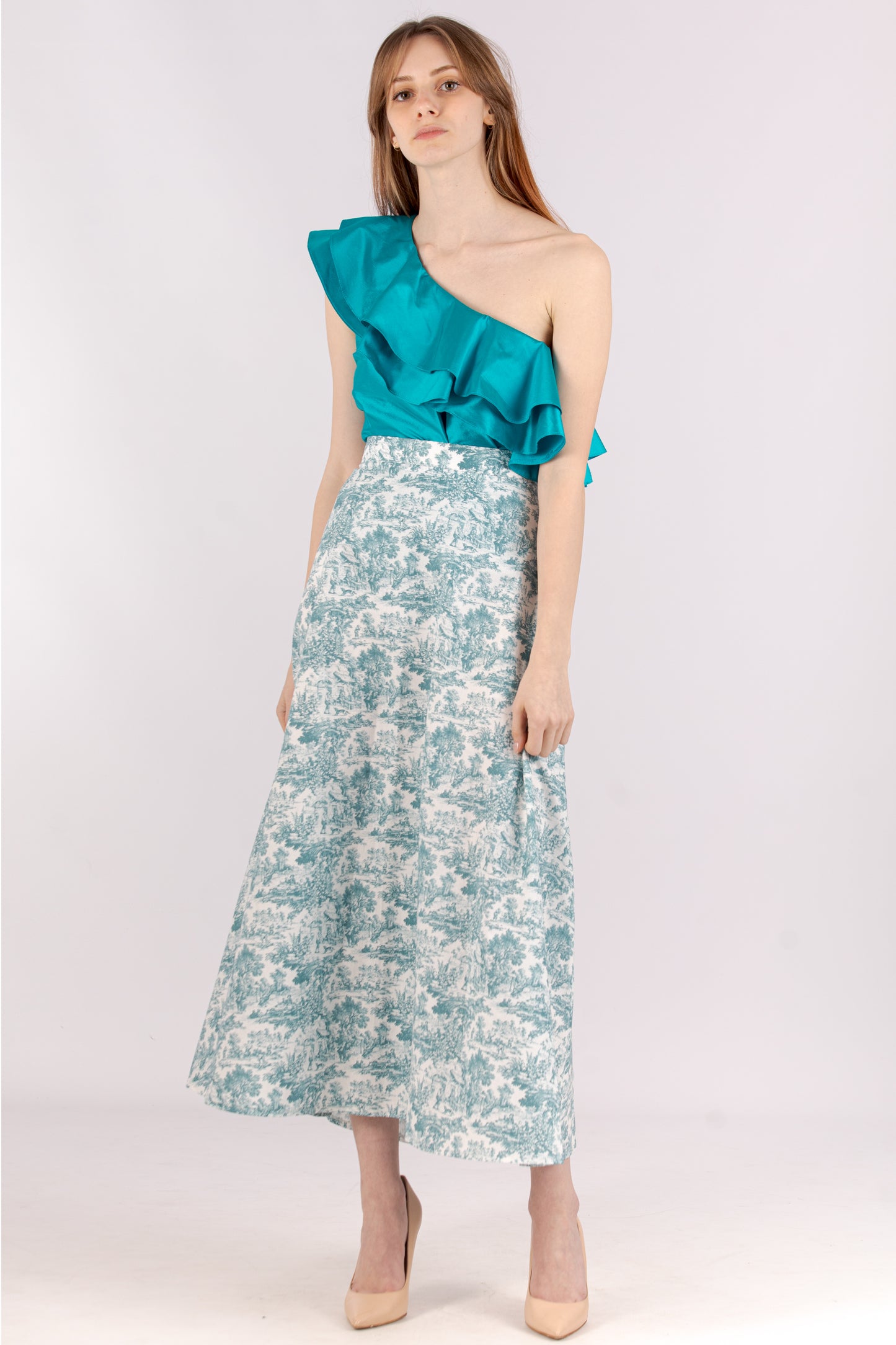 One Shoulder Silk Top with Double Ruffle - Ottanio