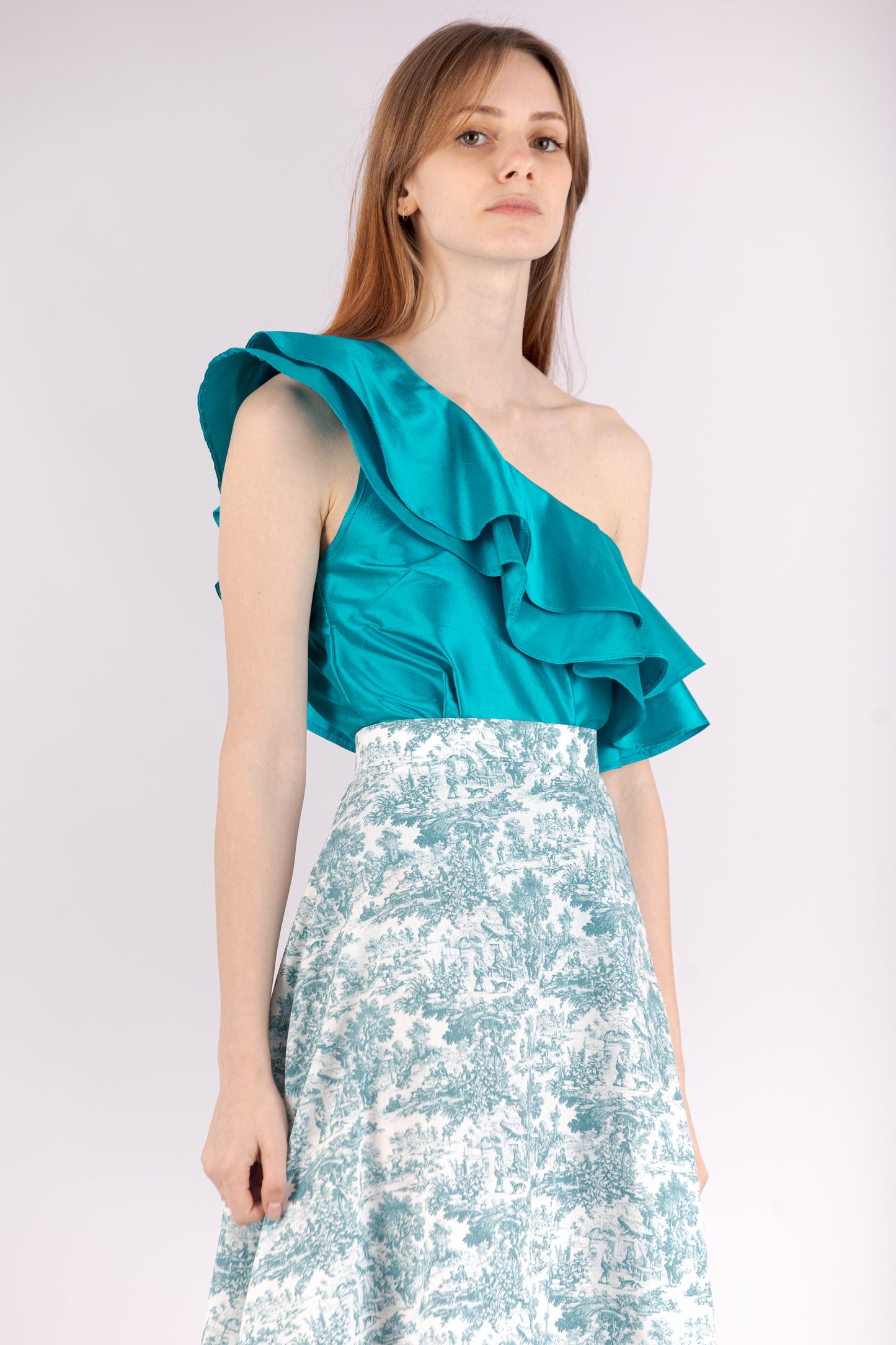 One Shoulder Silk Top with Double Ruffle - Ottanio