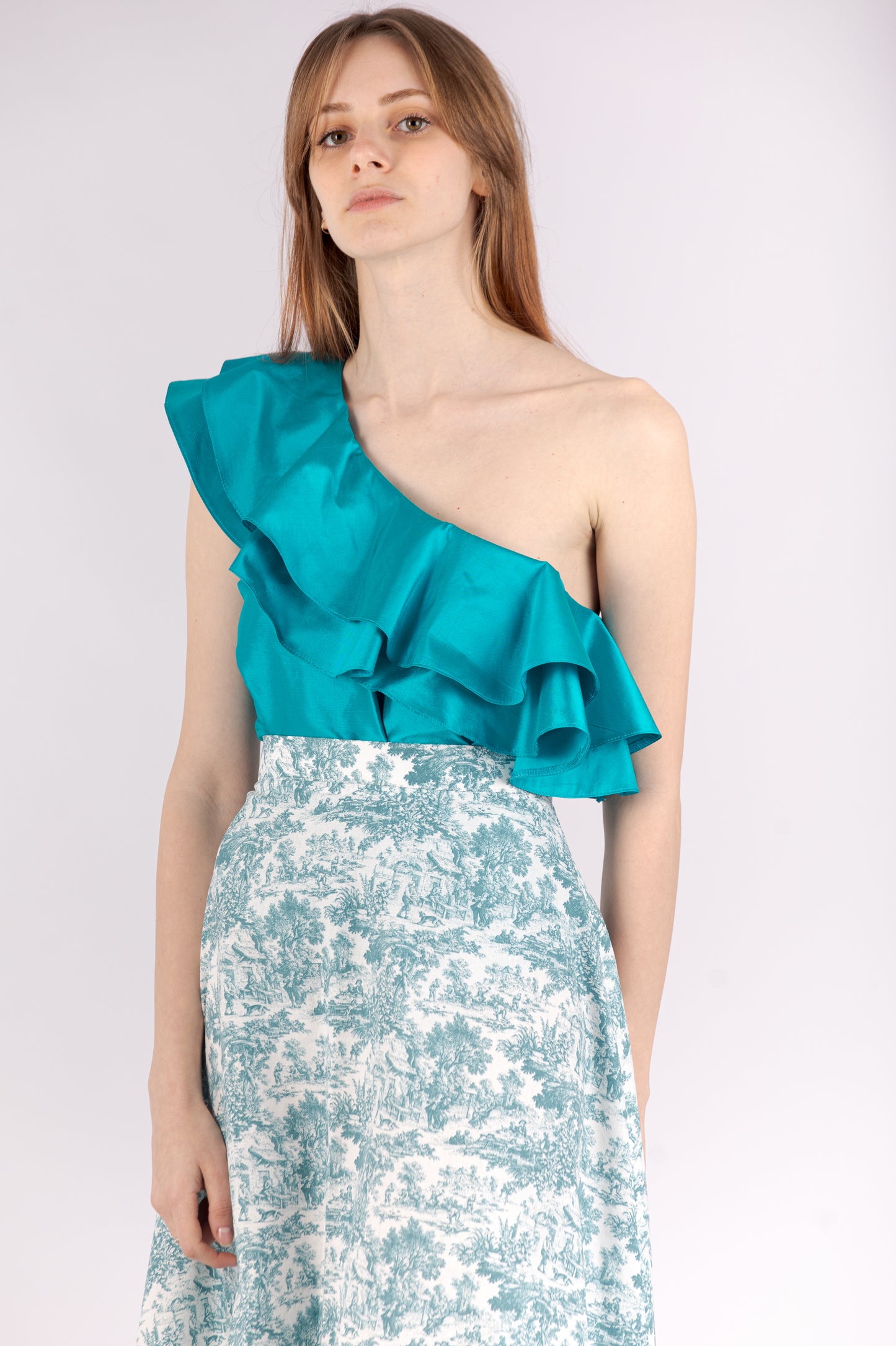 One Shoulder Silk Top with Double Ruffle - Ottanio