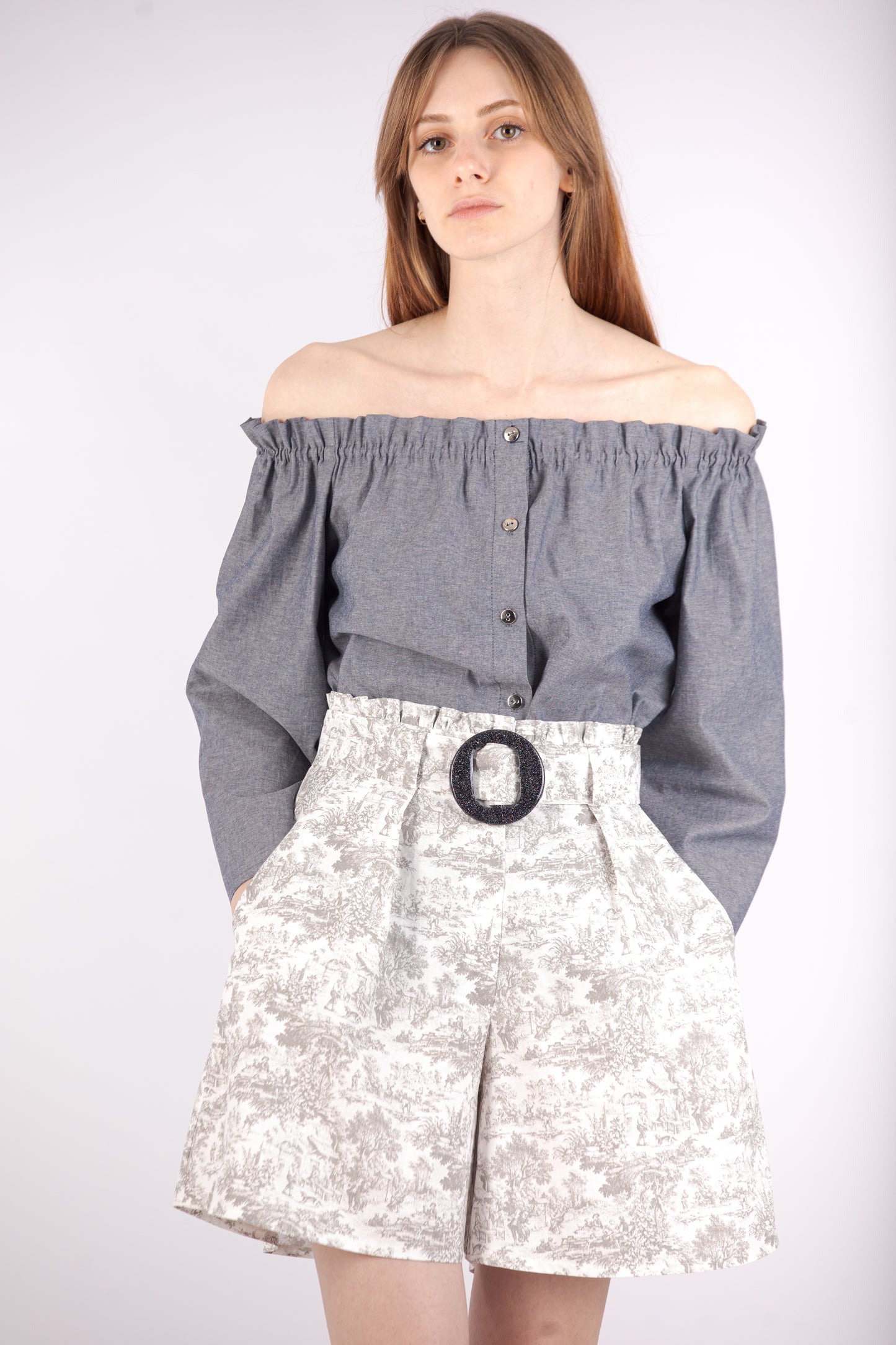 Off Shoulder Shirt - Jeans Grey